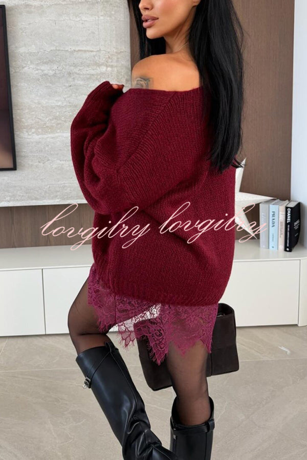 Comfy and Sweet Knit Lace Patchwork Hem Wide Neck Long Sleeve Loose Sweater