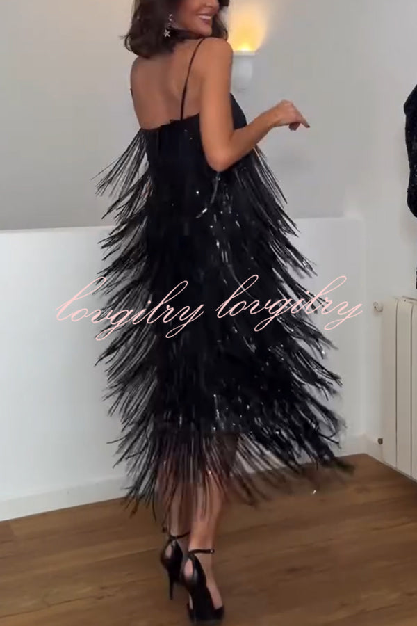 Chic Celebration Layered Sequined Tassels Slip Strapless H-line Midi Dress