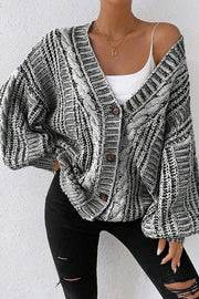 Fashionable Mixed-color Loose-fitting Lantern Sleeve Mid-length Knitted Cardigan