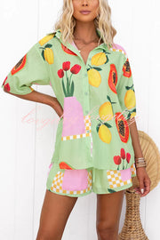 Summer Days Unique Fruit Print Loose Shirt and Elastic Waist Shorts Set