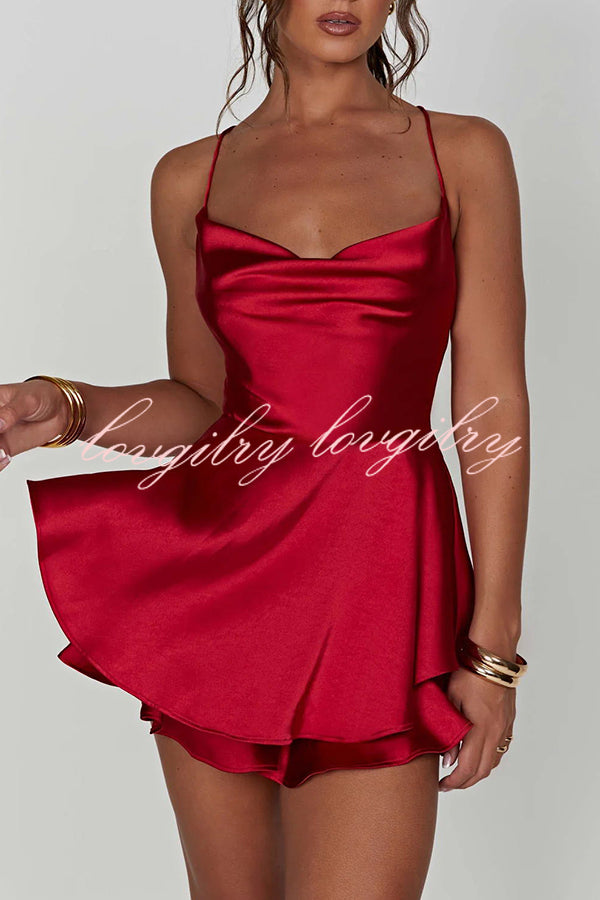 Ruffled Elegant Satin Strappy Satin Backless Lace Up Mini Dress