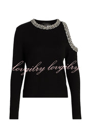 Holiday Party Knit Crystal-Embellished Cut-out Shoulder Long Sleeve Top