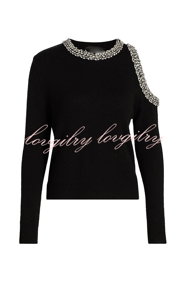 Holiday Party Knit Crystal-Embellished Cut-out Shoulder Long Sleeve Top