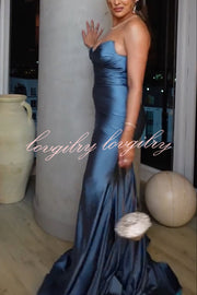 Jessica Satin Off Shoulder V-neck Ruched Detail Fishtail Maxi Dress