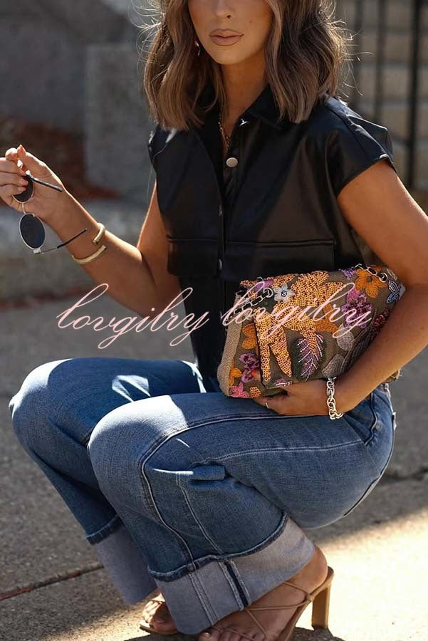 Stylish Weekend Faux Leather Button Up Cape Sleeve Pocket Crop Top