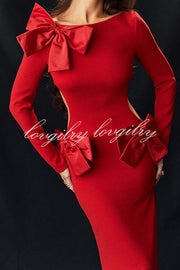 Lovely Bow Cutout Button Back Zipper Long Sleeve Maxi Dress