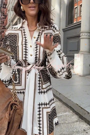 Hildie Unique Print Epaulettes Long Sleeve Flap Pockets Tie-up Waist Shirt Mini Dress