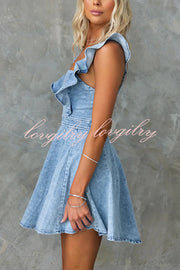 Sweet Secret Denim Square Neck Ruffle Sleeve Stretch Mini Dress