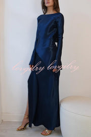 Satin Elegant Long-sleeved Open-back Slim-fit Slit Maxi Dress