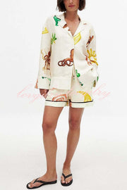 Fun Resort Linen Blend Unique Print Long Sleeve Shirt and Elastic Waist Pocket Shorts Set