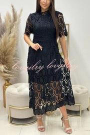 Elegant Crocheted Cutout Lace Short-sleeved Stand-collar Midi Dress