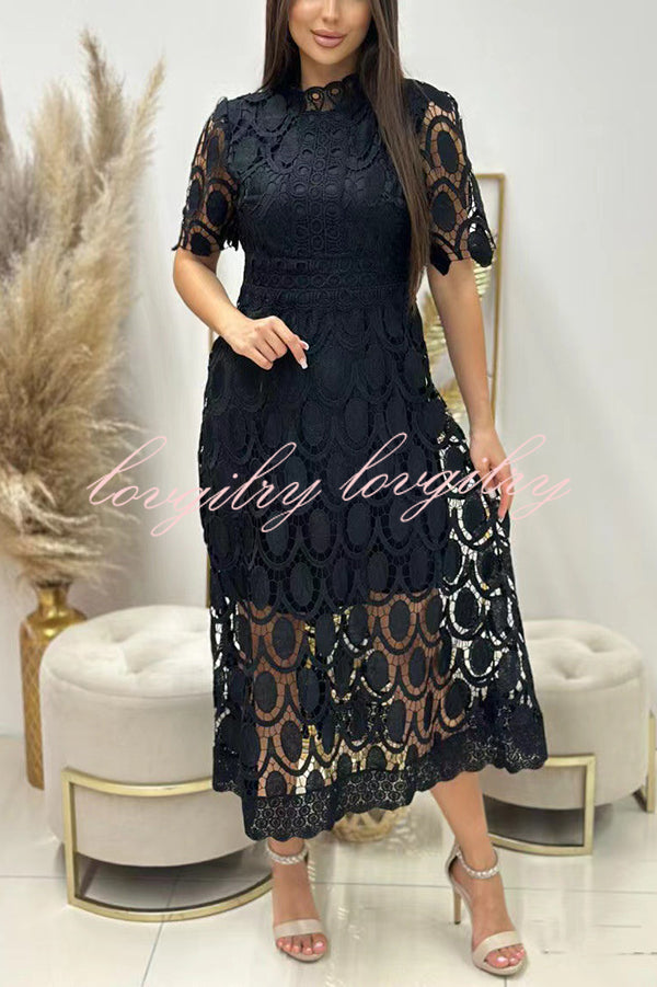 Elegant Crocheted Cutout Lace Short-sleeved Stand-collar Midi Dress