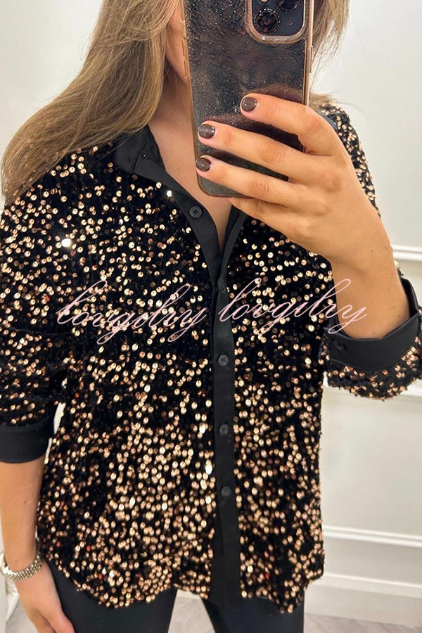 Fashion Velvet Sequined Loose Casual Long-sleeved Shirt