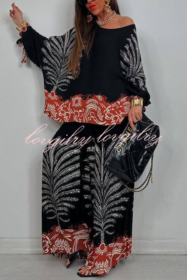 Unique Print Loose Drawstring Long Sleeve Top and Elastic Waist Casual Pocket Wide Leg Pants Set