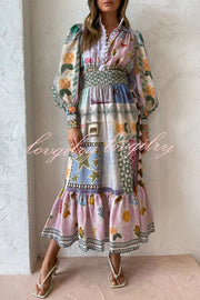 Playfully Chic Unique Print Balloon Sleeve Smocked Waist Shirt Midi Dress