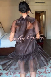Cocktail Attire Sheer Organza Wide Sleeve Back Bow Layered A-line Mini Dress