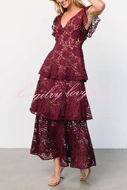 Lace V-neck Ruffled Sleeves Cinched Waist Maxi Dress