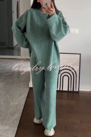 Solid Color Loose Long-sleeved Knit Top and Elastic Waist Casual Straight Leg Pants Set