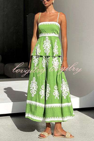 Unique Ethnic Print Suspender Pleated Top and Elastic Waist Loose Wide-leg Pants Set