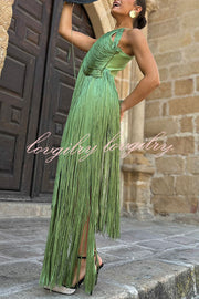 Fashion Sleeveless Halter Neck Elegant Tassel Slim Maxi Dress