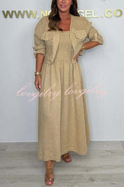 Solid Color Casual Short Jacket and Suspender Pleated Maxi Dress Set