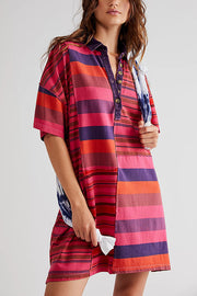 Contrast Striped Patchwork Denim Lapel Loose Casual Mini Dress