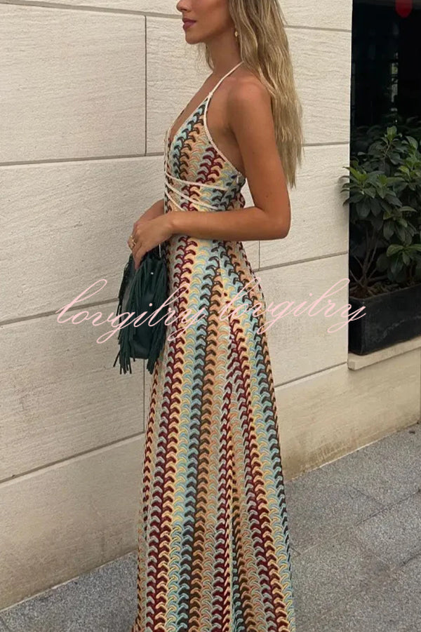 Playful Colorful Knit Holiday Style Halter Neck Maxi Dress