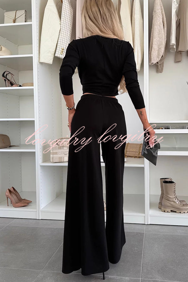 Solid Color Round Neck Long Sleeve Twist Crop Top and Elastic Waist Pocket Wide Leg Pants Set