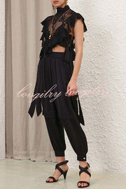 Esella Satin Gathered Waist Pocket Button Ankle Cuffs Harem Pant