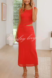 Solid Color Mesh Splicing Waist-baring Slim Maxi Dress