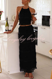 Feel Chic and Romantic Sequin Textured Material Back Elastic Halter Tie Tank and Drawstring Waist Tiered Maxi Skirt Set