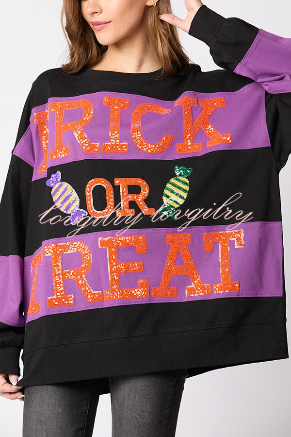 Halloween Letter Sequined Color Block Loose Casual Sweatshirt