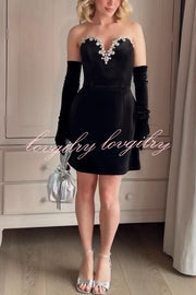 Ines Luxurious Velvet Jewel-encrusted Sweetheart Off Shoulder Neck Tulip Stretch Mini Dress