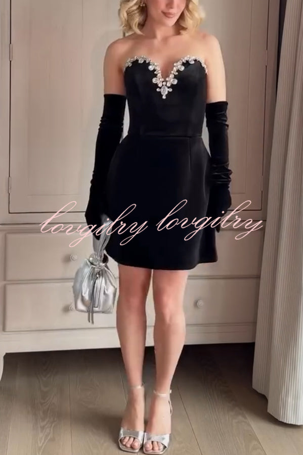 Ines Luxurious Velvet Jewel-encrusted Sweetheart Off Shoulder Neck Tulip Stretch Mini Dress