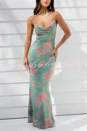 Sexy Slim-fitting Lace-up Print Suspender Maxi Dress