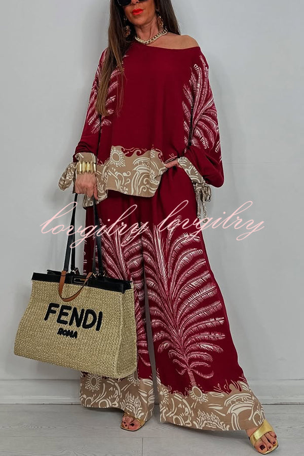 Unique Print Loose Drawstring Long Sleeve Top and Elastic Waist Casual Pocket Wide Leg Pants Set