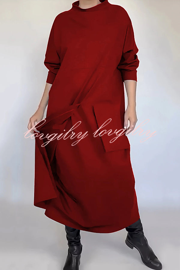 Solid Color Loose Long Sleeve Large Pocket Casual Maxi Dress