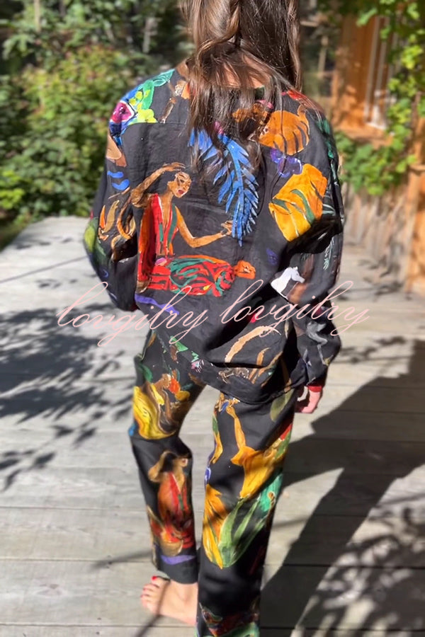 Unique Print Lapel Long Sleeve Loose Shirt and Elastic Waist Pocket Wide Leg Pants Set