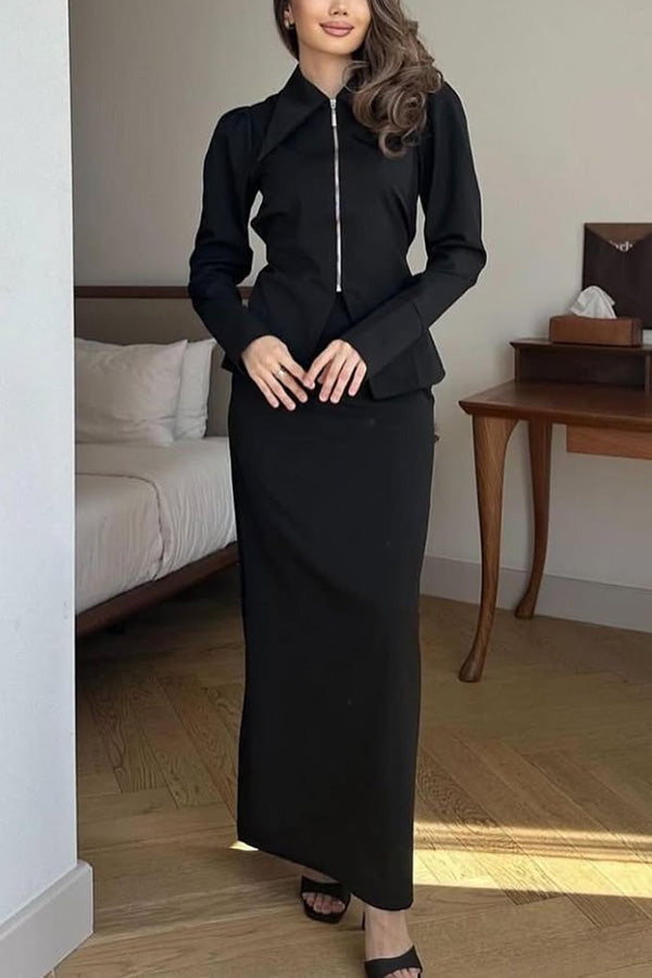 Solid Color Lapel Long Sleeve Zip Top and Casual Maxi Skirt Set