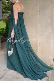 Fairy Spirit Tulle Braided Neckline Tie Arm Straps Pleated Maxi Dress