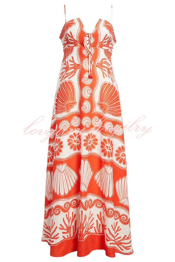 Beautiful Shell Unique Print Front Lace-up Maxi Dress