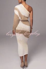 Soft Autumn Knit Colorblock High Rise Elastic Waistband Stretch Midi Skirt