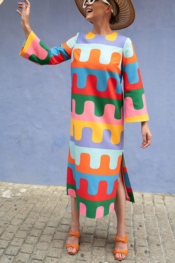 Bright Day Colorful Ripple Print Side Slit Midi Dress