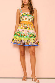 Sweet and Sour Summer Multicolor Lemon Print Pleated Hem Mini Dress