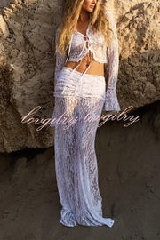 Sexy Lace Long-sleeve Lace-up Top and Pleated Sheer Maxi Skirt Set