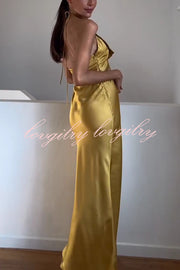 Fashionable Beaded Large Flower Decoration Halter Neck Backless Maxi Dress