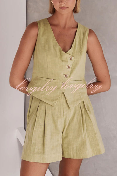 Relaxed Button Pocket Linen Blend V Neck Shorts Set