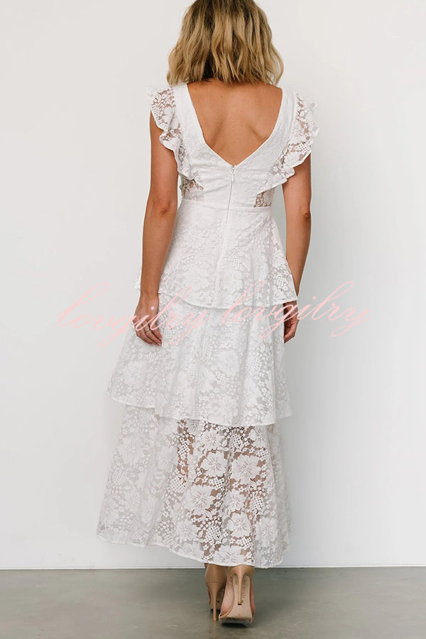 Lace V-neck Ruffled Sleeves Cinched Waist Maxi Dress