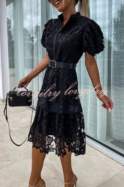 Absolutely Elegant Floral Crochet Lace Puff Sleeve Belted Shirt Midi Dress