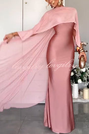 Party Charm Satin Sheer Chiffon High Low Cape Slip Maxi Dress